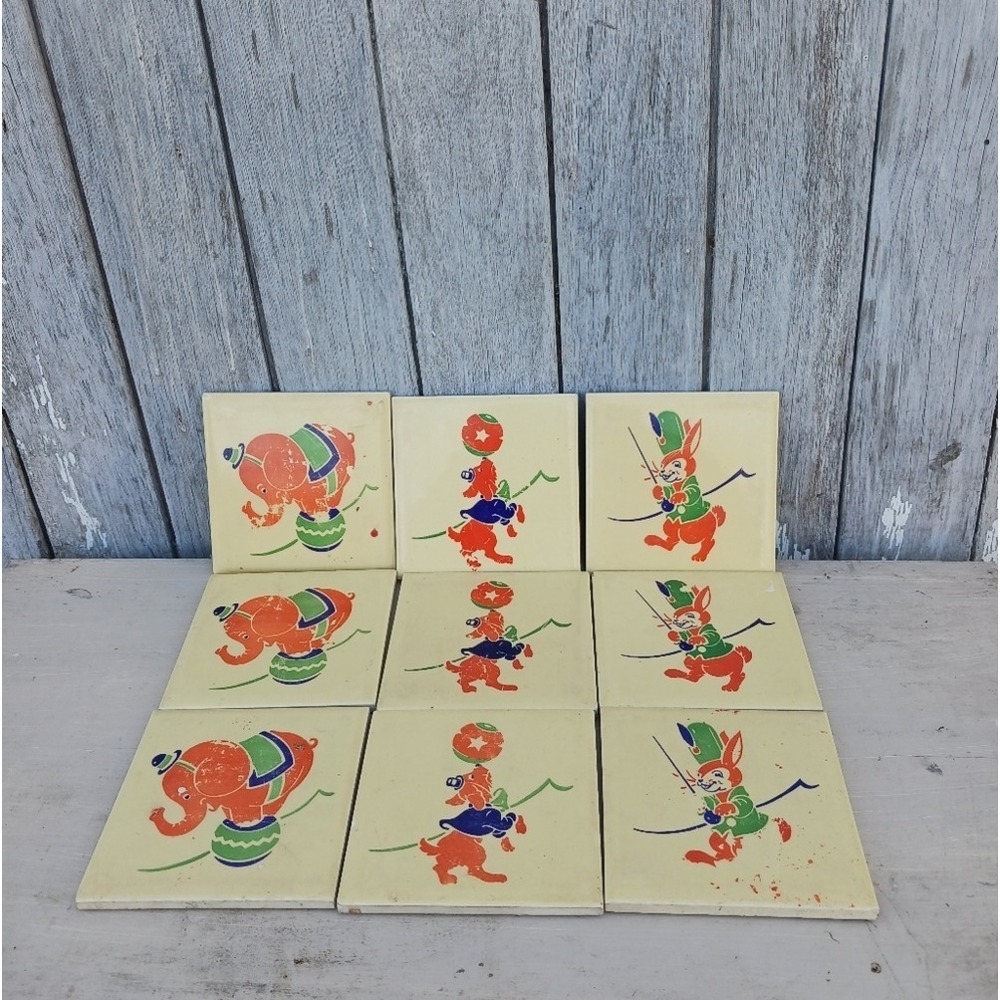 VTG 1950 Mid Century Decro-Art Home Styling Tile Plaques Little Circus Lot Of 9